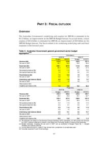 PART 3: FISCAL OUTLOOK OVERVIEW The Australian Government’s underlying cash surplus foris estimated to be $11.5 billion, an improvement on theBudget forecast. In accrual terms, a fiscal surplus of $10