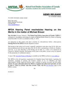 News release - MFDA Hearing Panel reschedules Hearing on the Merits in the matter of Michael Breuer