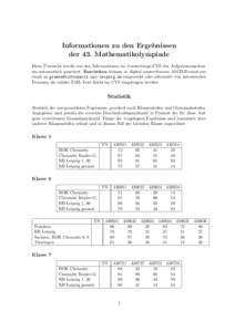 Informationen zu den Ergebnissen der 43. Mathematikolympiade ¨ Diese Ubersicht wurde aus den Informationen im Auswertungs-CVS des Aufgabenausschusses automatisch generiert. Zuarbeiten k¨onnen in digital auswertbarem AS