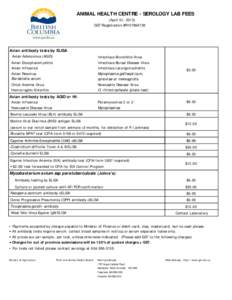 ANIMAL HEALTH CENTRE - SEROLOGY LAB FEES (April 01, 2013) GST Registration #R107864738 Avian antibody tests by ELISA Avian Adenovirus (AGID)