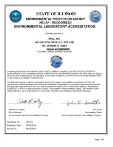 STATE OF ILLINOIS ENVIRONMENTAL PROTECTION AGENCY NELAP - RECOGNIZED