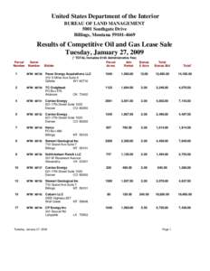 United States Department of the Interior BUREAU OF LAND MANAGEMENT 5001 Southgate Drive Billings, Montana[removed]Results of Competitive Oil and Gas Lease Sale