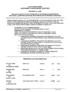 CANVASS OF VOTES  NOVEMBER 4, 2008 GENERAL ELECTION December 11, 2008 RELATIVE TO THE CANVASS OF VOTES CAST AT THE GENERAL ELECTION HELD NOVEMBER 4,2008 FOR CANDIDATES, STATE ISSUES AND THE NUMBER OF ELECTORS