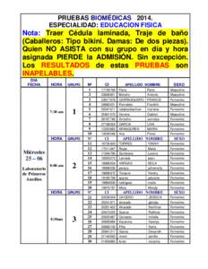 PRUEBAS BIOMÉDICAS[removed]ESPECIALIDAD: EDUCACION FISICA Nota: Traer Cédula laminada, Traje de baño (Caballeros: Tipo bikini. Damas: De dos piezas). Quien NO ASISTA con su grupo en día y hora