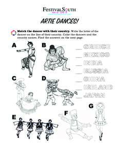 ARTIE DANCES! EITRA Match the dancer with their country. Write the letter of the dancer on the line of their country. Color the dancers and the country names. Find the answers on the next page.