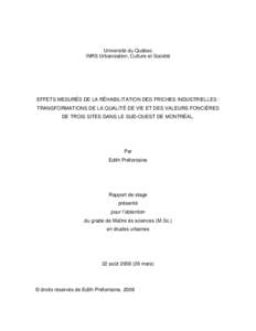 Effets mesurés de la réhabilitation des friches industrielles : transformations de la qualité de vie et des valeurs foncières de trois sites dans le sud-ouest de Montréal