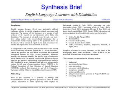 Synthesis Brief English Language Learners with Disabilities Synthesized by Eve Müller and Joy Markowitz Project FORUM at NASDSE