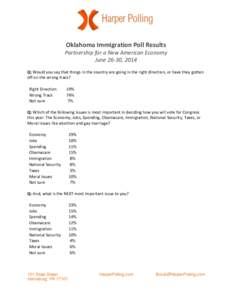 Oklahoma Immigration Poll Results Partnership for a New American Economy June 26-30, 2014 Q: Would you say that things in the country are going in the right direction, or have they gotten off on the wrong track? Right Di
