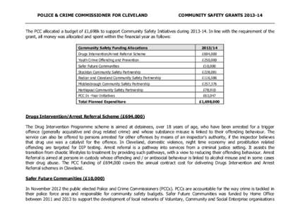 POLICE & CRIME COMMISSIONER FOR CLEVELAND  COMMUNITY SAFETY GRANTSThe PCC allocated a budget of £1,698k to support Community Safety Initiatives duringIn line with the requirement of the grant, all mon