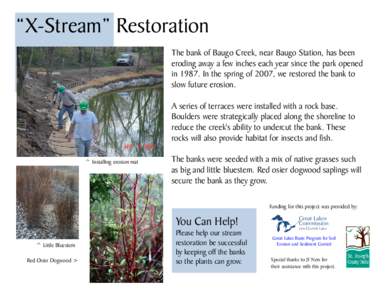 “X-Stream” Restoration The bank of Baugo Creek, near Baugo Station, has been eroding away a few inches each year since the park opened inIn the spring of 2007, we restored the bank to slow future erosion. A se