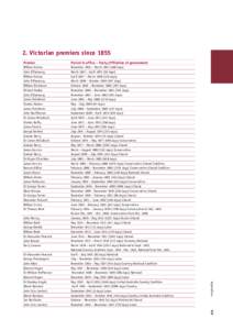 2. Victorian premiers since 1855 Period in office – Party affiliation of government William Haines John O’Shanassy William Haines