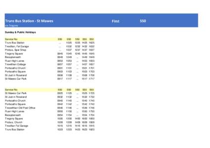 Truro Bus Station - St Mawes  First via Tregony Sunday & Public Holidays