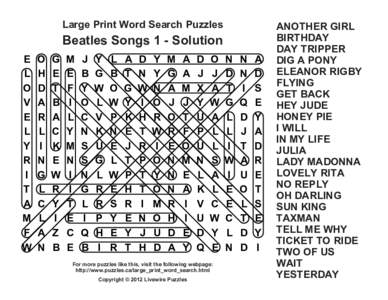 Large Print Word Search Puzzles  Beatles Songs 1 - Solution E L O