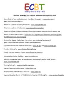 Credible Websites for Vaccine Information and Resources Every Child By Two and its Vaccinate Your Baby Campaign – www.ecbt.org and www.vaccinateyourbaby.org American Academy of Family Physicians – www.familydoctor.or