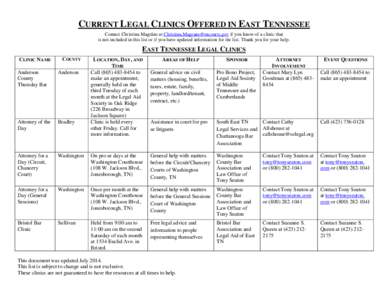 CURRENT LEGAL CLINICS OFFERED IN EAST TENNESSEE Contact Christina Magráns at [removed] if you know of a clinic that is not included in this list or if you have updated information for the list. Than