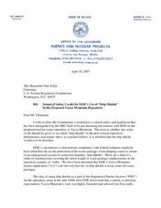 April 19, 2007  The Honorable Dale Klein Chairman U.S. Nuclear Regulatory Commission Washington, D.C[removed]