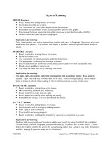Styles of Learning VISUAL Learners  Recall words after seeing them a few times.  Prefer directions that are written.  Can concentrate on visual tasks despite visual distractions.  Remember and understand words accomp