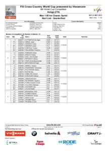 FIS Cross-Country World Cup presented by Viessmann 4th World Cup Competition Asiago (ITA) SAT 21 DEC[removed]Men 1.65 km Classic Sprint