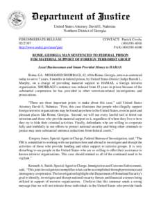 United States Attorney David E. Nahmias Northern District of Georgia FOR IMMEDIATE RELEASE[removed]http://www.usdoj.gov/usao/gan/