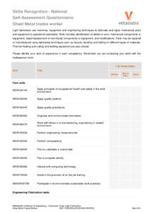 Skills Recognition - National Self-Assessment Questionnaire Sheet Metal trades worker Light fabricators use machines, equipment and engineering techniques to fabricate and repair mechanical plant and equipment to operati