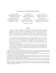 Computing on Authenticated Data Jae Hyun Ahn Johns Hopkins University  Susan Hohenberger‡ Johns Hopkins University