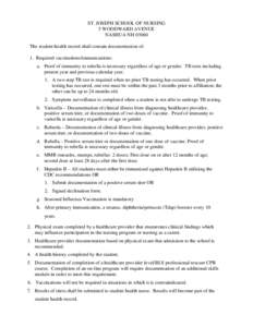 ST. JOSEPH SCHOOL OF NURSING 5 WOODWARD AVENUE NASHUA NH[removed]The student health record shall contain documentation of: 1. Required vaccinations/immunizations: a. Proof of immunity to rubella is necessary regardless of 