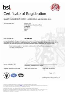 Certificate of Registration QUALITY MANAGEMENT SYSTEM - AS9100 REV C AND ISO 9001:2008 This is to certify that: Drytech, Inc. 54 Wrightstown-Cookstown Road