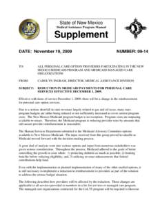 State of New Mexico Medical Assistance Program Manual Supplement DATE: November 19, 2009