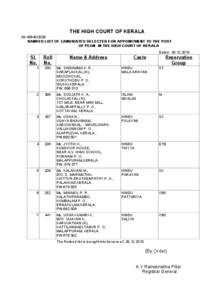 THE HIGH COURT OF KERALA A3[removed]RANKED LIST OF CANDIDATES SELECTED FOR APPOINTMENT TO THE POST OF PEON IN THE HIGH COURT OF KERALA Dated: [removed]