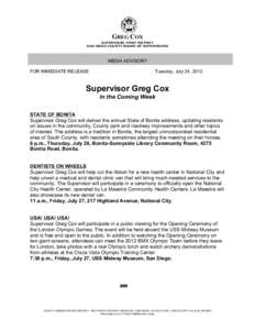   GREG COX 	
   SUPERVISOR, FIRST DISTRICT SAN DIEGO COUNTY BOARD OF SUPERVISORS