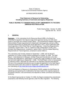 State of California California Environmental Protection Agency AIR RESOURCES BOARD Final Statement of Reasons for Rulemaking, Including Summary of Comments and Agency Responses