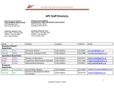 APC Staff Directory Mailing & Courier Address COLE HARBOR HEAD OFFICE 153 Willowdale Drive Dartmouth NS B2V 0A5