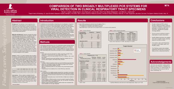 M74  COMPARISON OF TWO BROADLY MULTIPLEXED PCR SYSTEMS FOR VIRAL DETECTION IN CLINICAL RESPIRATORY TRACT SPECIMENS  Randall T. Hayden1, Zhengming Gu1, Alicia Rodriguez1, Lisa Tanioka3, Claire Ying3, Markus Morganstern1, 