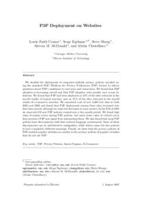 P3P Deployment on Websites  Lorrie Faith Cranor a , Serge Egelman a,∗ , Steve Sheng a , Aleecia M. McDonald a , and Abdur Chowdhury b a Carnegie b Illinois