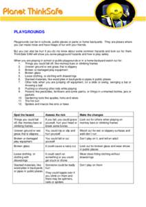 PLAYGROUNDS Playgrounds can be in schools, public places or parks or home backyards. They are places where you can make noise and have heaps of fun with your friends. But you can also be hurt if you do not know about som