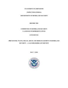 Statement of John Roth,  Inspector General Department of Homeland Security, before The U.S. House of Representatives Homeland Security Committee concerning, 