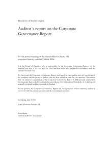 Translation of Swedish original  Auditor´s report on the Corporate Governance Report  To the annual meeting of the shareholders in Sectra AB,