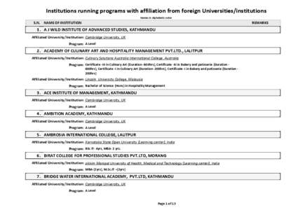Institutions running programs with affiliation from foreign Universities/institutions Names in Alphabetic order S.N. NAME OF INSTITUTION  REMARKS