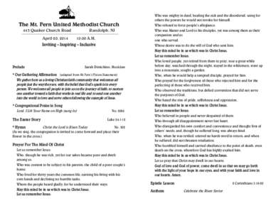 The Mt. Fern United Methodist Church 443 Quaker Church Road Randolph, NJ  April 20, 2014   10:00 A.M.