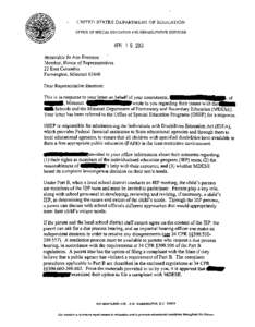 UNITED STATES DEPARTMENT OF EDUCATION O F F I C E OF SPECIAL EDUCATION AND REHABILITATIVE S E R V I C E S APR[removed]::}1 Honorable Jo Ann Emerson Member, House of Representatives