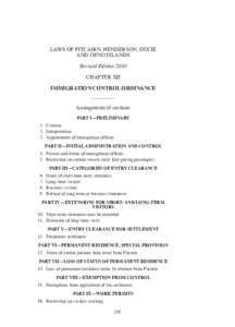 LAWS OF PITCAIRN, HENDERSON, DUCIE AND OENO ISLANDS Revised Edition 2010 CHAPTER XII IMMIGRATION CONTROL ORDINANCE