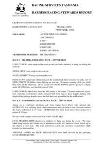 RACING SERVICES TASMANIA HARNESS RACING STEWARDS REPORT CLUB: DEVONPORT HARNESS RACING CLUB DATE: MONDAY, 25 MAYTRACK: GOOD