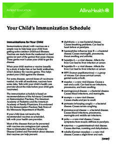 PATIENT EDUCATION  Your Child’s Immunization Schedule Immunizations for Your Child Immunizations (shots) with vaccines are a simple way to help keep your child from