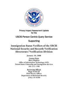 Department of Homeland Security Privacy Impact Assessment Update for the USCIS Person Centric Query Service Supporting NSRV/VD