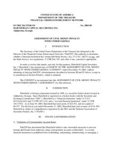 UNITED STATES OF AMERICA DEPARTMENT OF THE TREASURY FINANCIAL CRIMES ENFORCEMENT NETWORK IN THE MATTER OF HARTSFIELD CAPITAL SECURITIES, INC. Alpharetta, Georgia