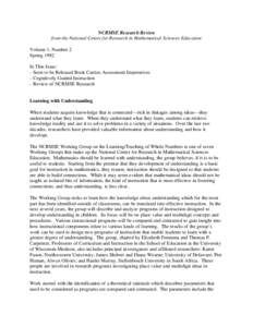 NCRMSE Research Review from the National Center for Research in Mathematical Sciences Education Volume 1, Number 2 Spring 1992 In This Issue: - Soon to be Released Book Carries Assessment Imperatives