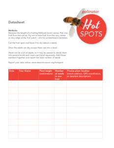 Datasheet	 	 Methods: Measure the height of a fruiting fishhook barrel cactus. Pick one fruit from the cactus. Try not to take fruit from the very center or very edge of the fruit patch – aim for somewhere in between. 