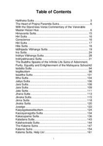 Table of Contents Hatthaka Sutta ........................................................................ 3 The Heart of Prajna Paramita Sutra........................................ 6 With the Stand-less Verse Commentar