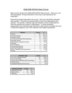 [removed]IASFAA Salary Survey Below are the results of the[removed]IASFAA Salary Survey. Thank you to all who participated. All data collected on the survey is self-reported by the respondent. Ninety-three people resp