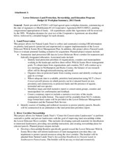 Attachment A Lower Delaware Land Protection, Stewardship, and Education Program Budget & Workplan Summary, 2011 Funds General: Funds provided in FY2011 will fund agreed upon workplan elements, commencing on the date of s